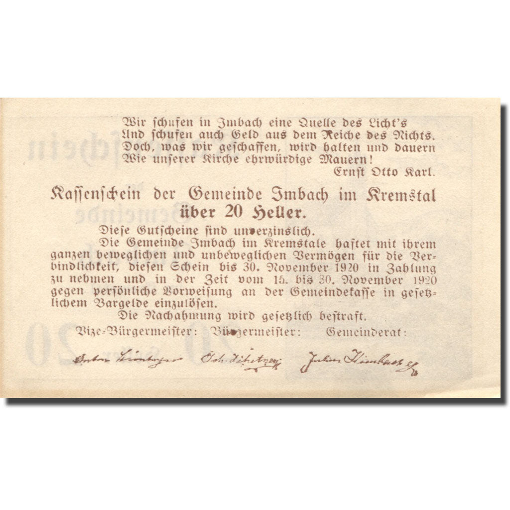 Banknote, Austria, Imbach, 20 Heller, Eglise 1920-12-31, UNC(63), Mehl:FS 404Ib