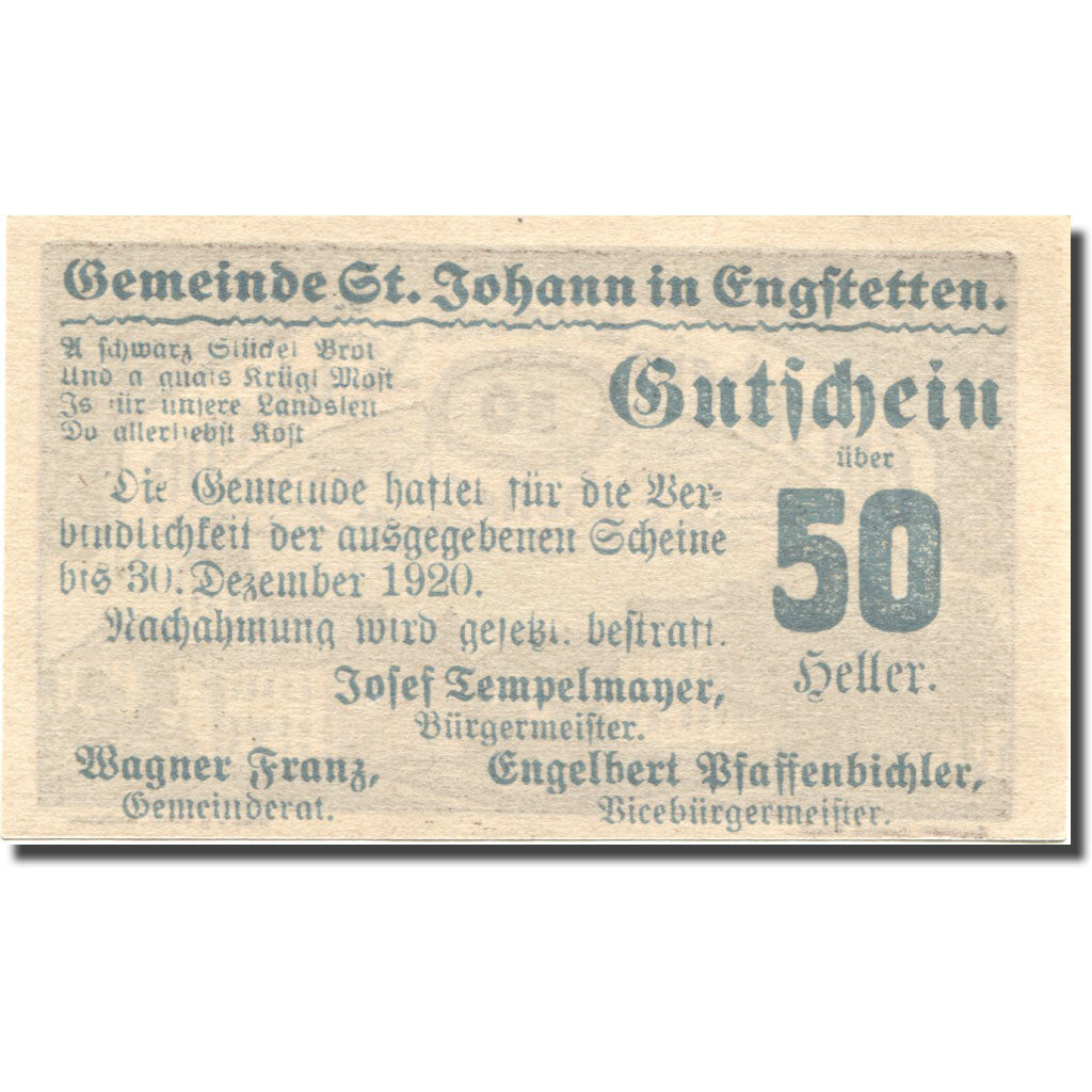 Banknote, Austria, St Johann, 50 Heller, village, 1920 UNC(63) Mehl:FS 897b