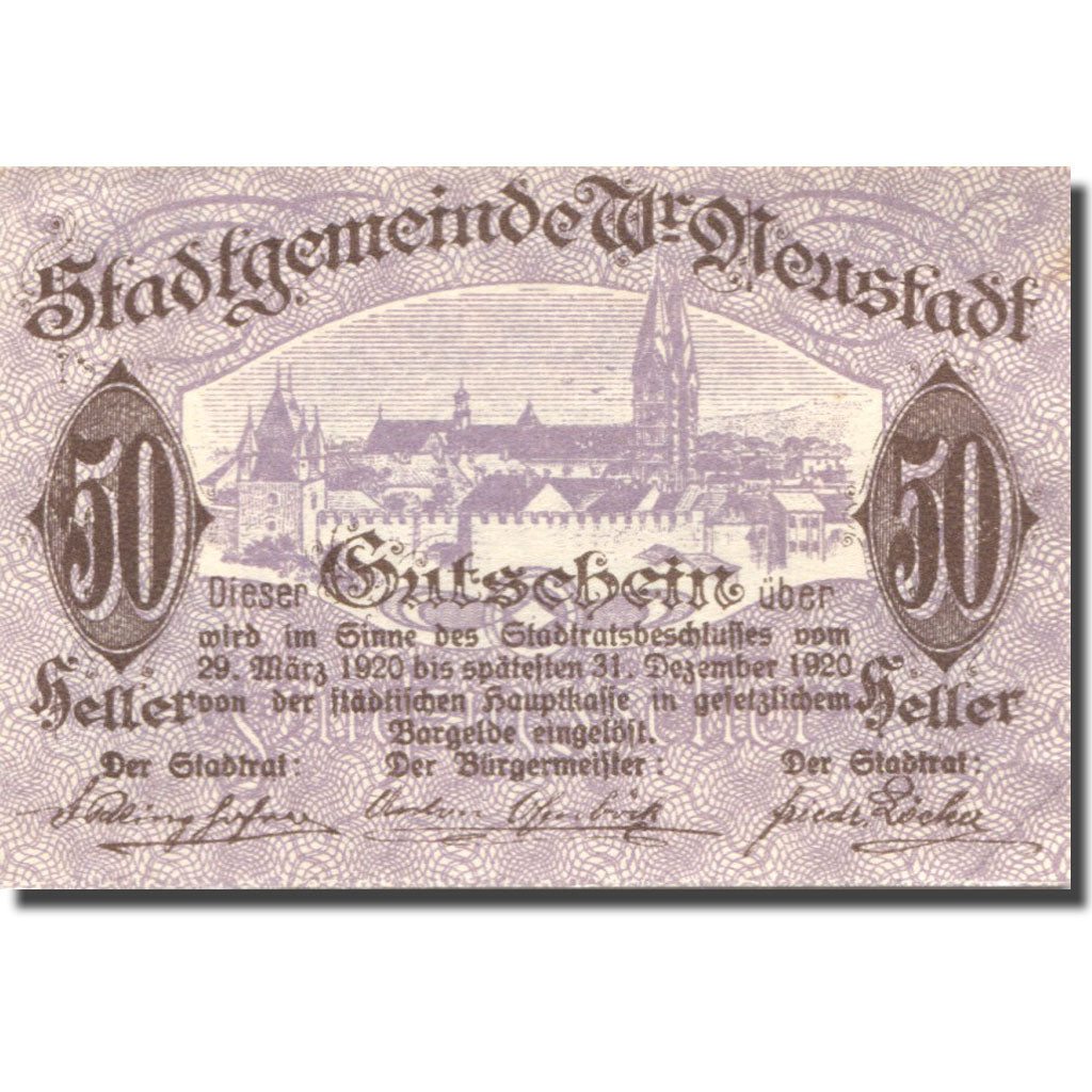Banknote, Austria, Neustadt, 50 Heller, château, 1920 UNC(63) Mehl:FS 1230b