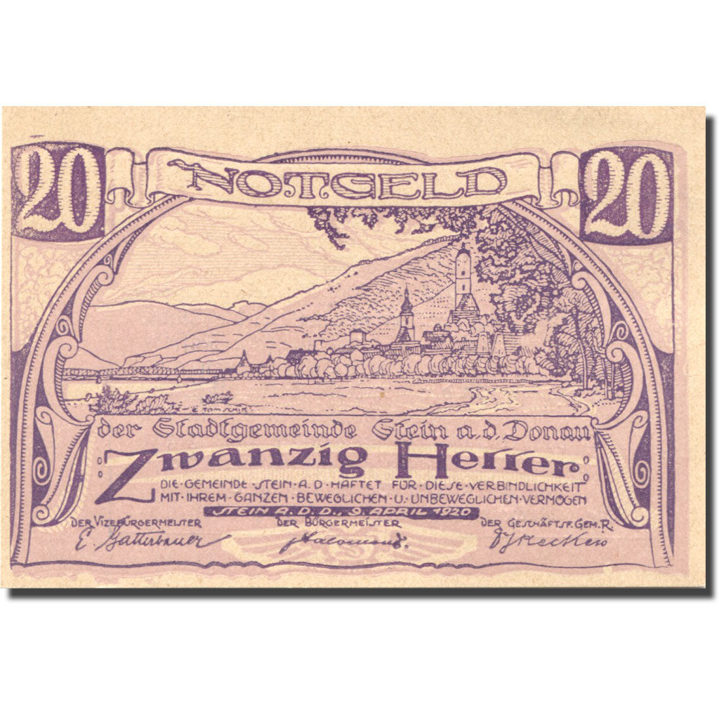 Banknote, Austria, Stein a/d Donau 20 Heller, paysage, 1920 UNC(63) Mehl:FS 1015