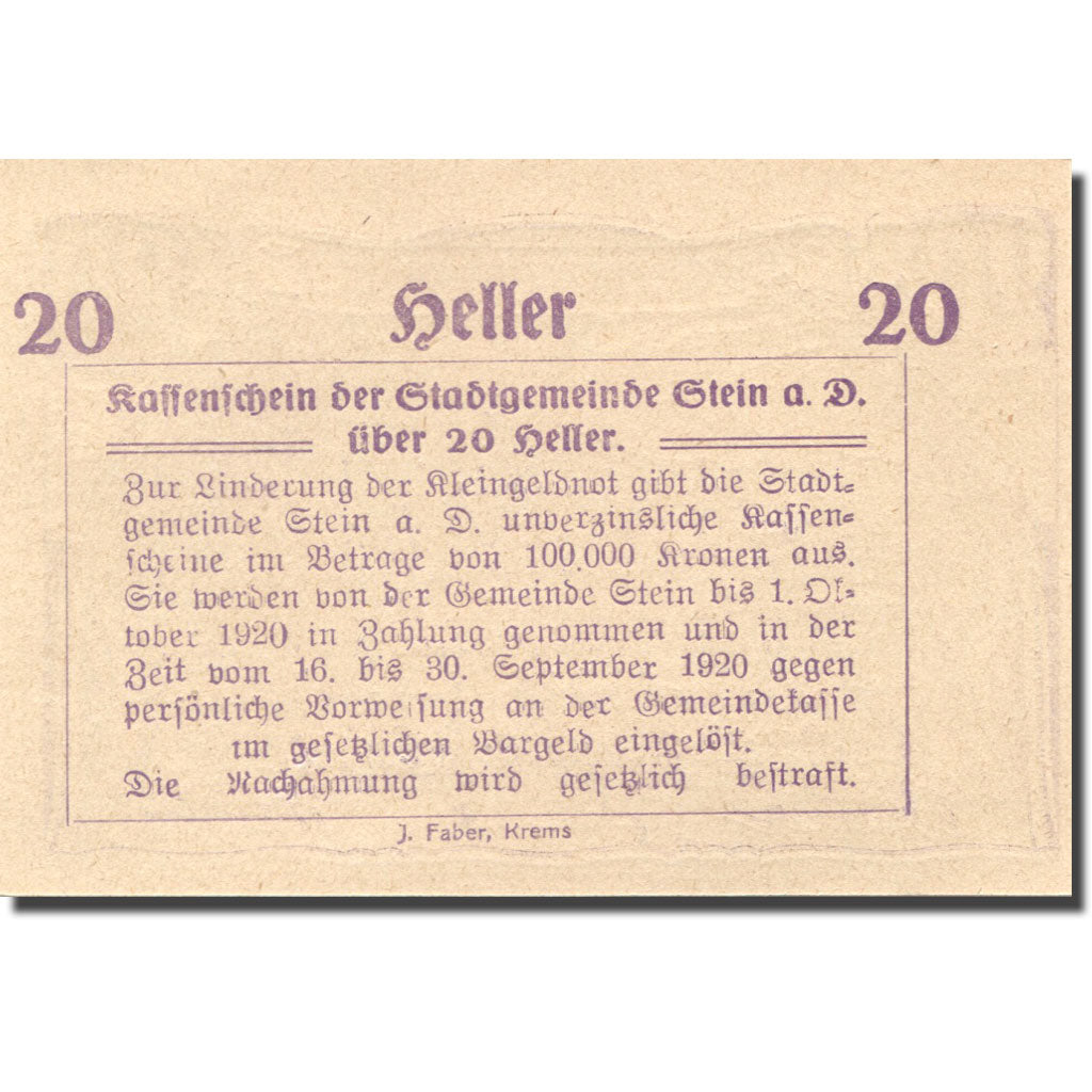 Banknote, Austria, Stein a/d Donau 20 Heller, paysage, 1920 UNC(63) Mehl:FS 1015