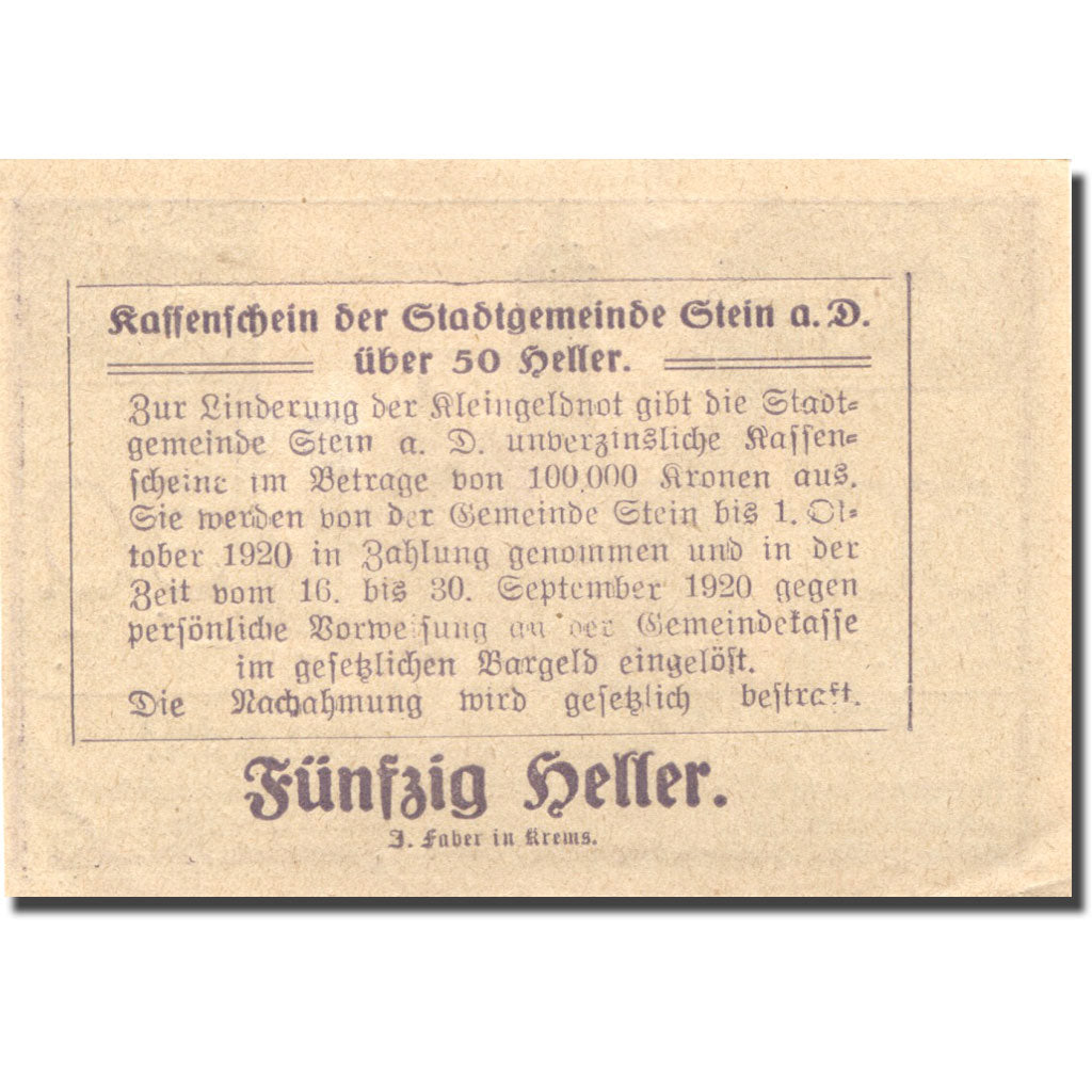 Banknote, Austria, Stein a/d Donau, 50 Heller, Eglise, 1920 UNC(63) Mehl:FS 1015