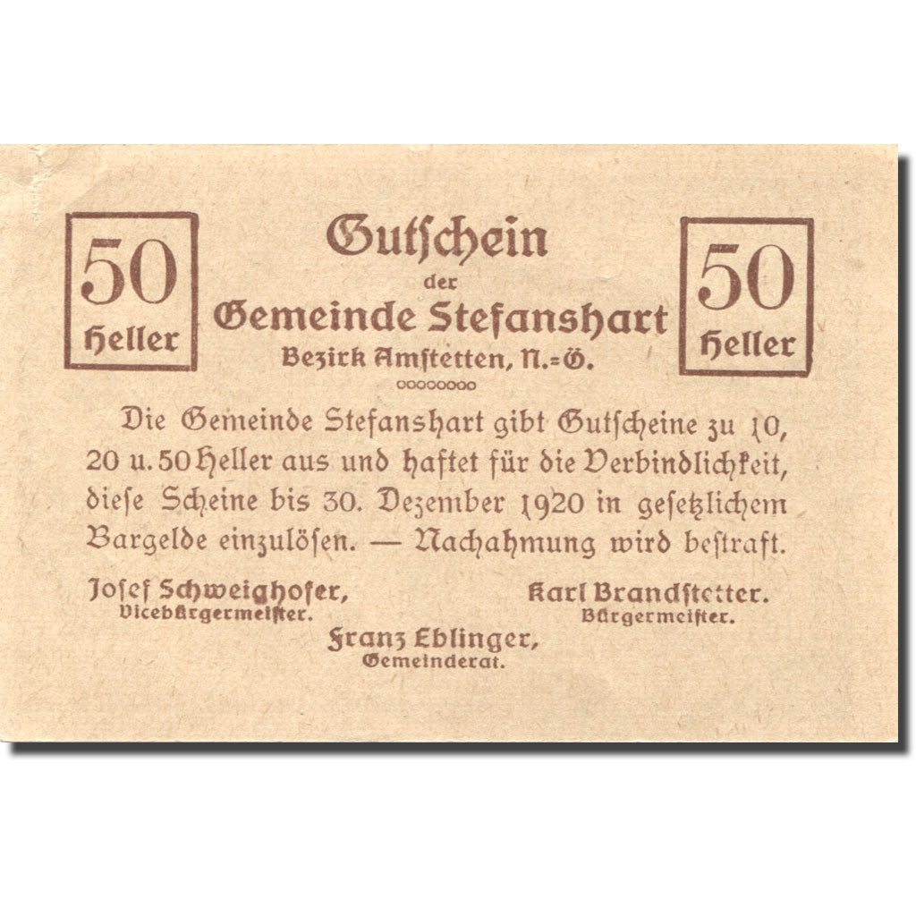Banknote, Austria, Stefanshart, 50 Heller, Monument, 1920 UNC(63) Mehl:FS 1013a