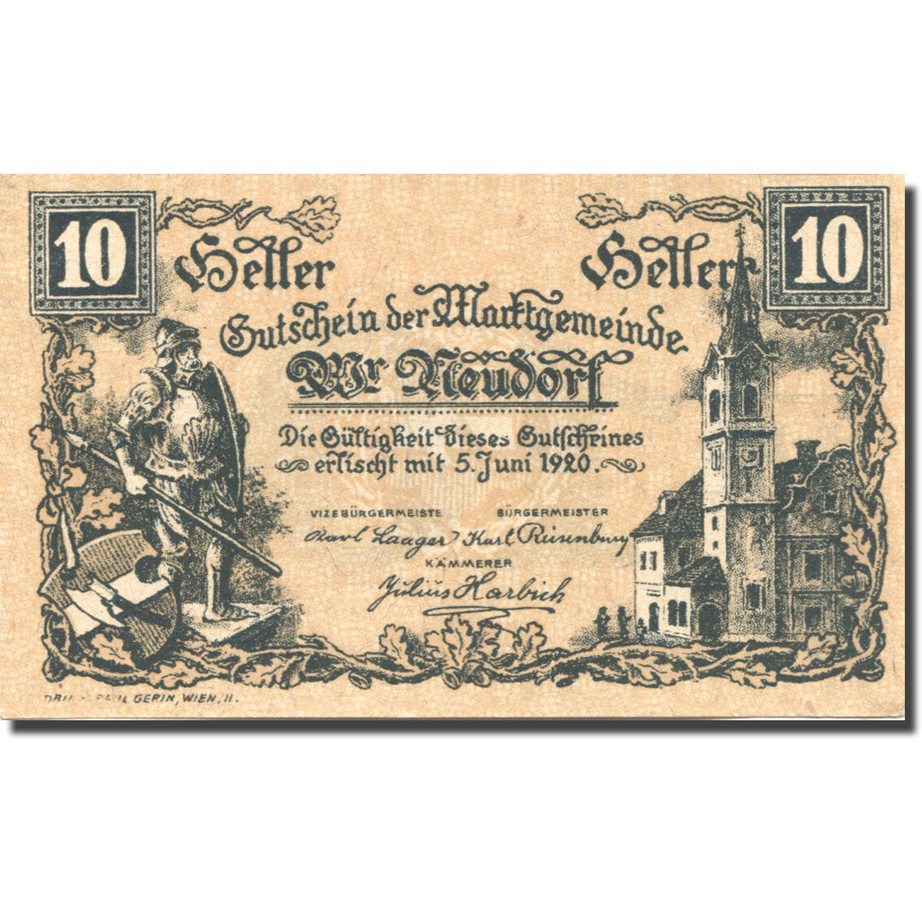 Banknote, Austria, Neudorf, 10 Heller, chevalier, 1920 UNC(63) Mehl:FS 1229Ia