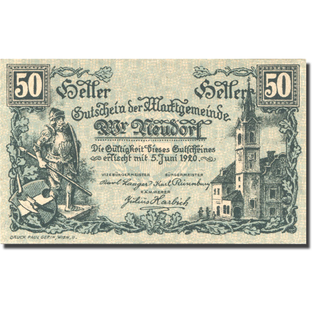 Banknote, Austria, Neudorf, 50 Heller, chevalier 2, 1920 UNC(63) Mehl:FS 1229Ia