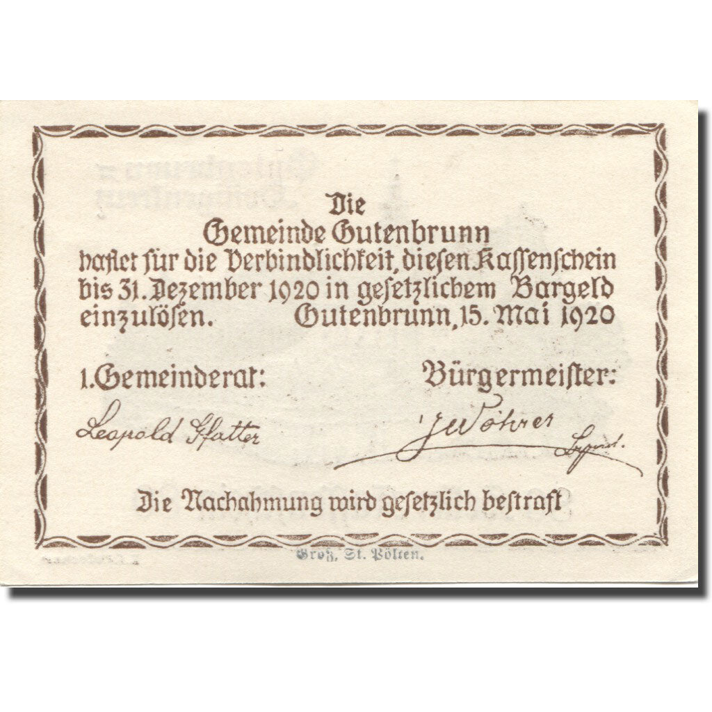 Banknote, Austria, Gutenbrunn, 80 Heller, château, 1920 UNC(63) Mehl:FS 316
