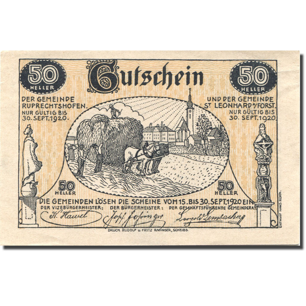 Banknote, Austria, St Leonhard, 50 Heller, agriculteur, 1920 SPL Mehl:FS 901a