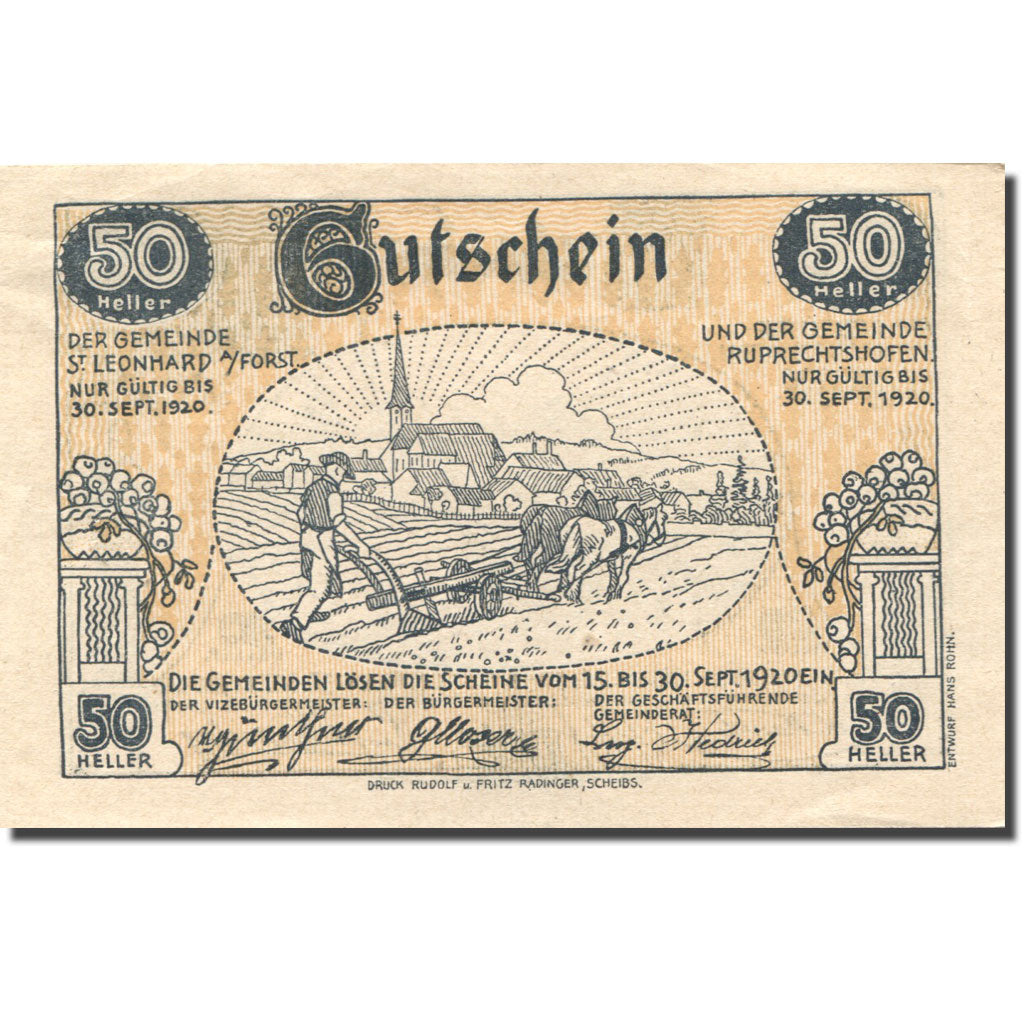 Banknote, Austria, St Leonhard, 50 Heller, agriculteur, 1920 SPL Mehl:FS 901a