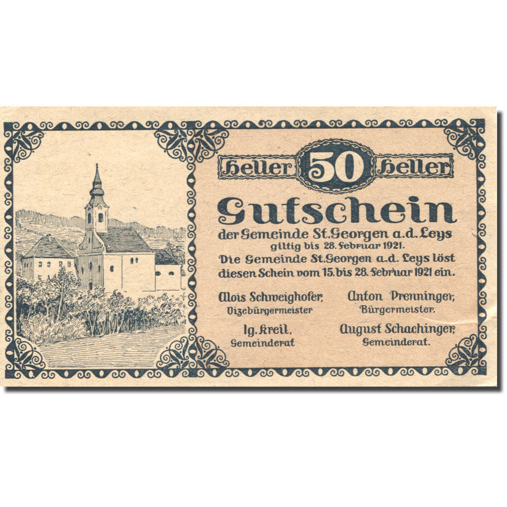 Billet, Autriche, St Georgen, 50 Heller, Eglise 1921-02-28, SUP+  Mehl:FS 887