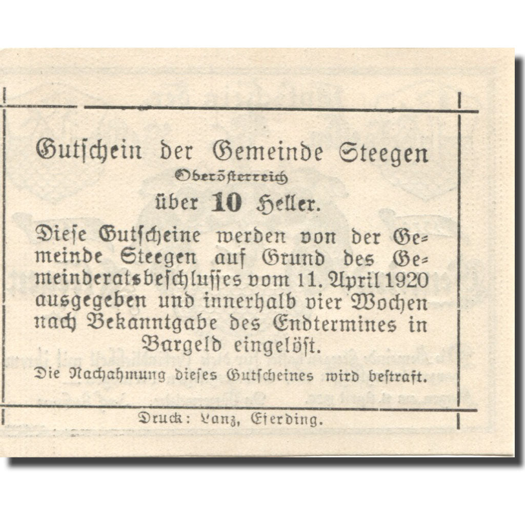 Banconote, Austria, Steegen, 10 Heller, Blason, SPL, Mehl:FS 1012Ic1