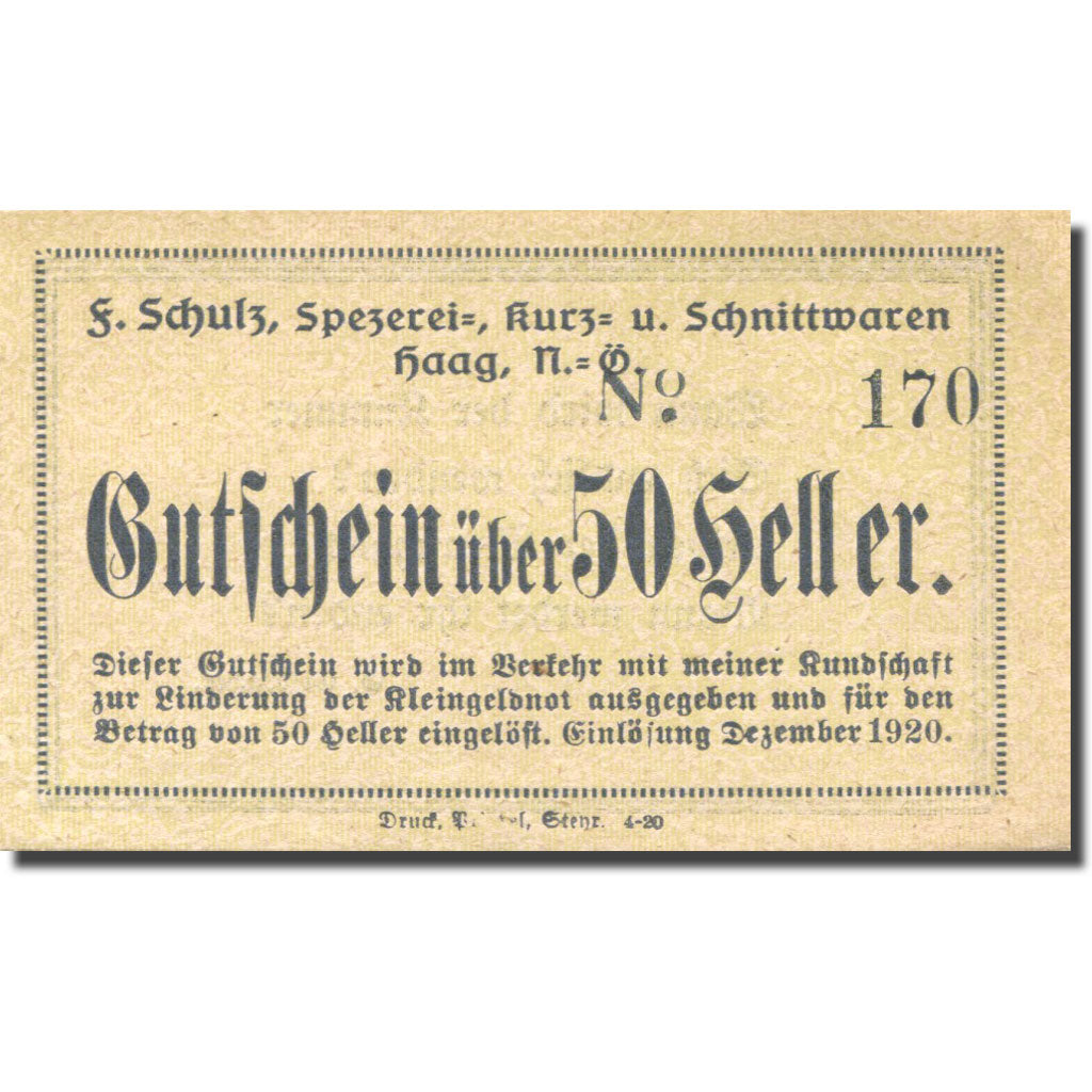Banconote, Austria, Schulz, 50 Heller, valeur faciale, 1920, SPL, Mehl:FS 320f