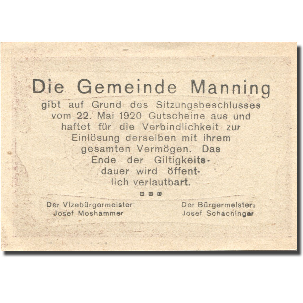 Banknote, Austria, Manning, 50 Heller, parchemin, 1920 UNC(63) Mehl:FS 578c