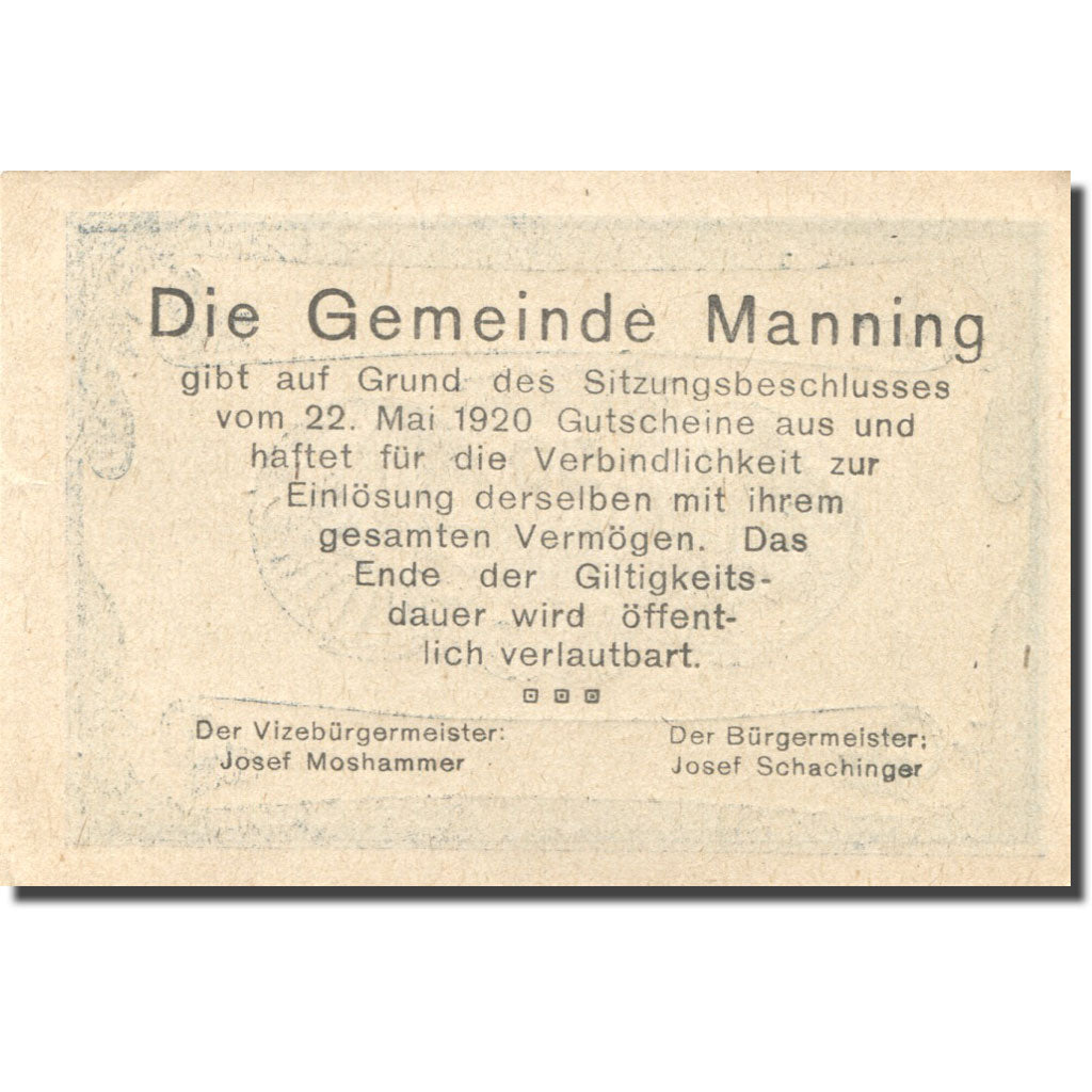 Banknote, Austria, Manning, 50 Heller, parchemin 1, 1920 UNC(63) Mehl:FS 578c