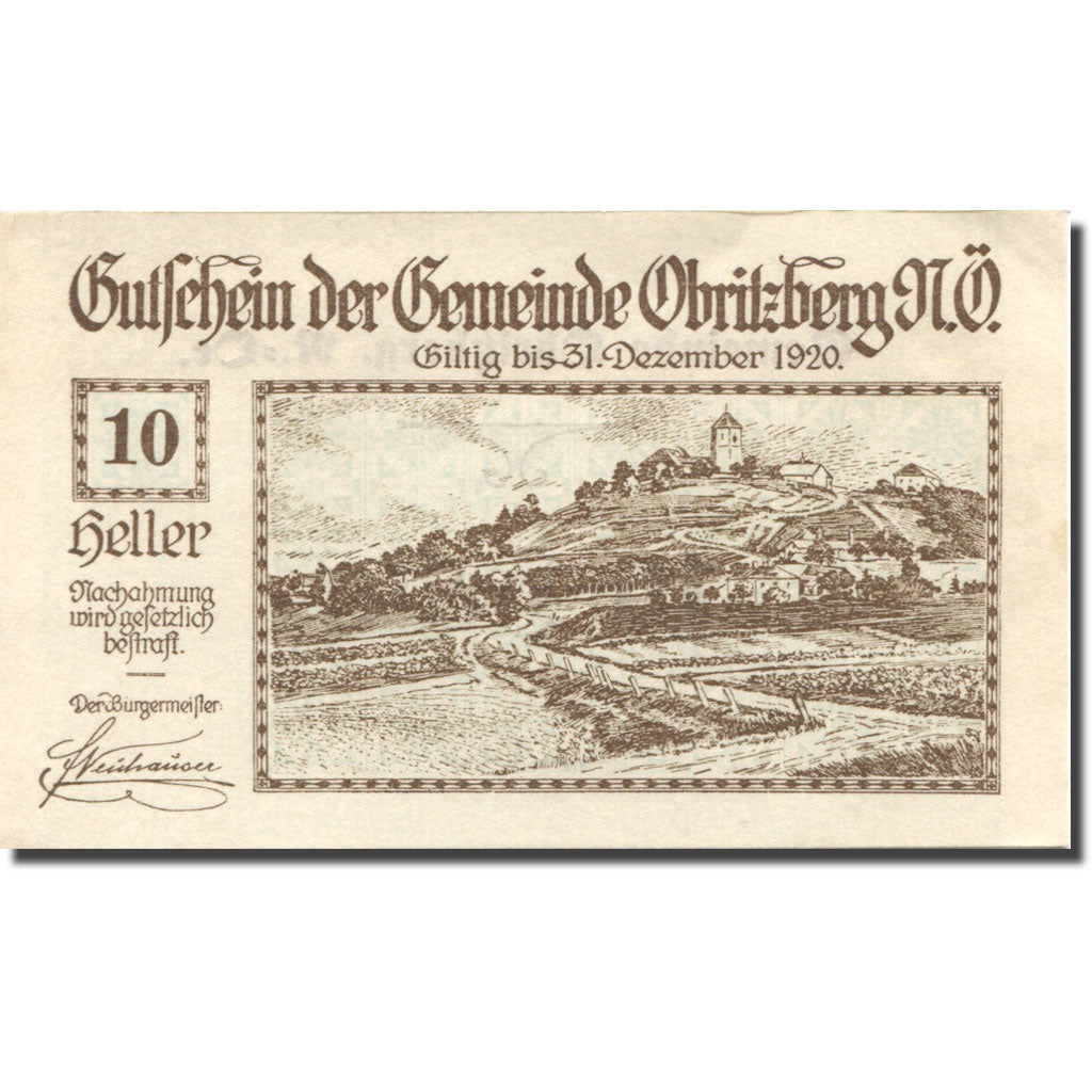 Banknote, Austria, Obritzberg, 10 Heller, paysage, 1920 UNC(63) Mehl:FS 701a