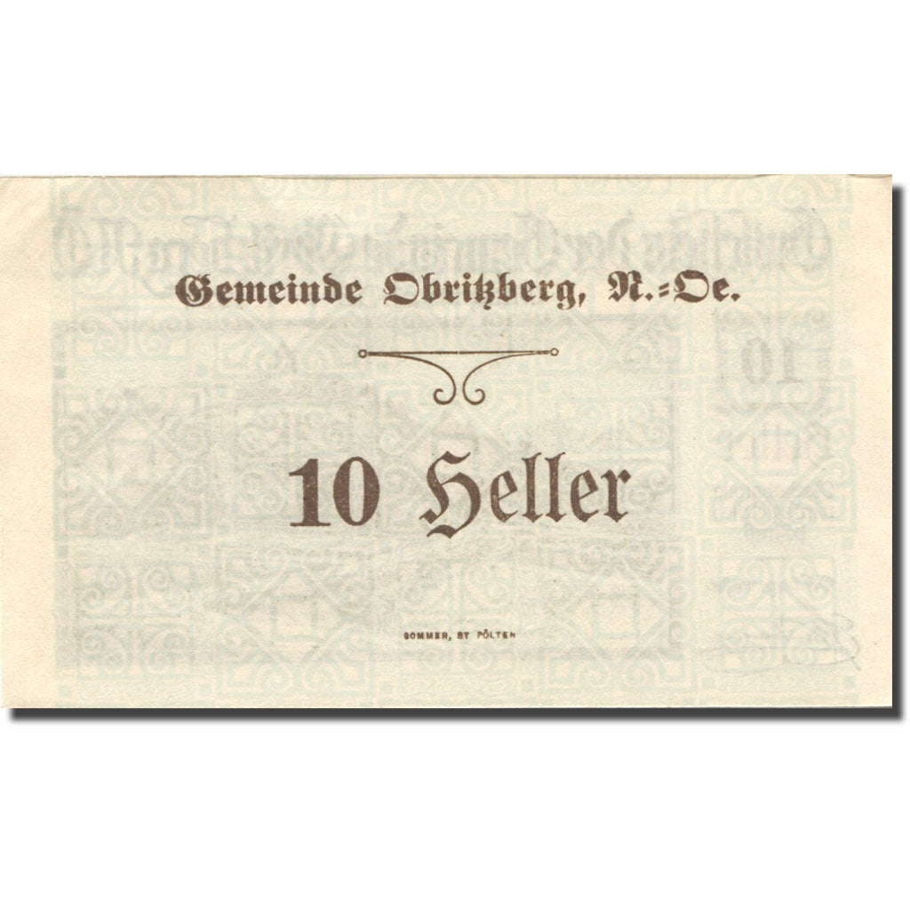 Banknote, Austria, Obritzberg, 10 Heller, paysage, 1920 UNC(63) Mehl:FS 701a