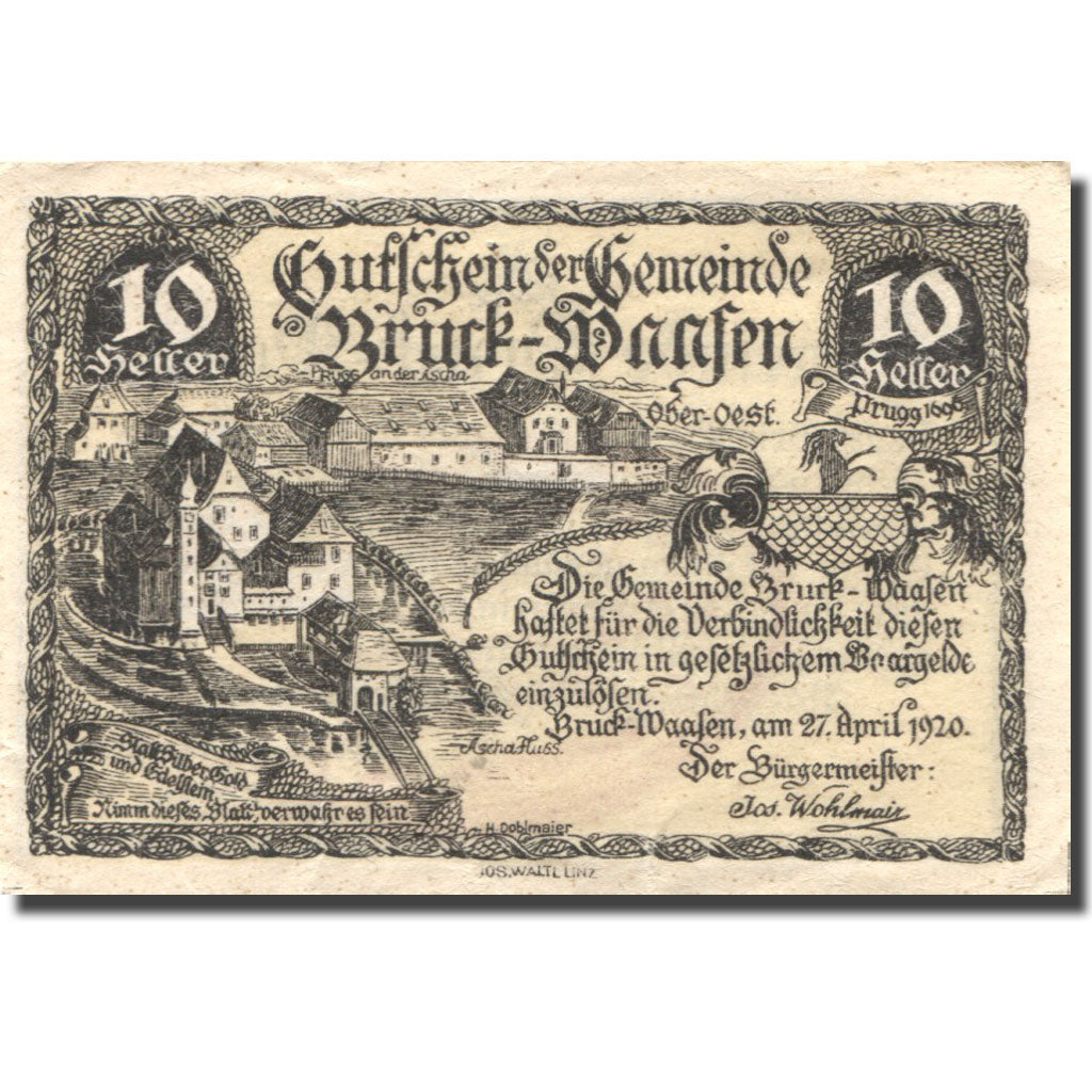 Banknote, Austria, Bruck-Waasen, 10 Heller, château, 1921 UNC(63) Mehl:FS 108a