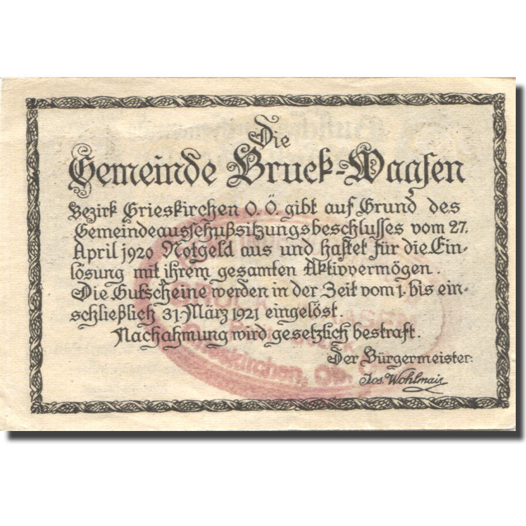 Banknote, Austria, Bruck-Waasen, 10 Heller, château, 1921 UNC(63) Mehl:FS 108a