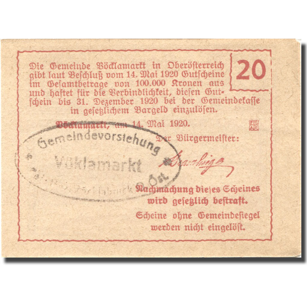 Banknote, Austria, Vöcklamarkt 20 Heller paysage 1920 UNC(60-62) Mehl:FS 1117IIc
