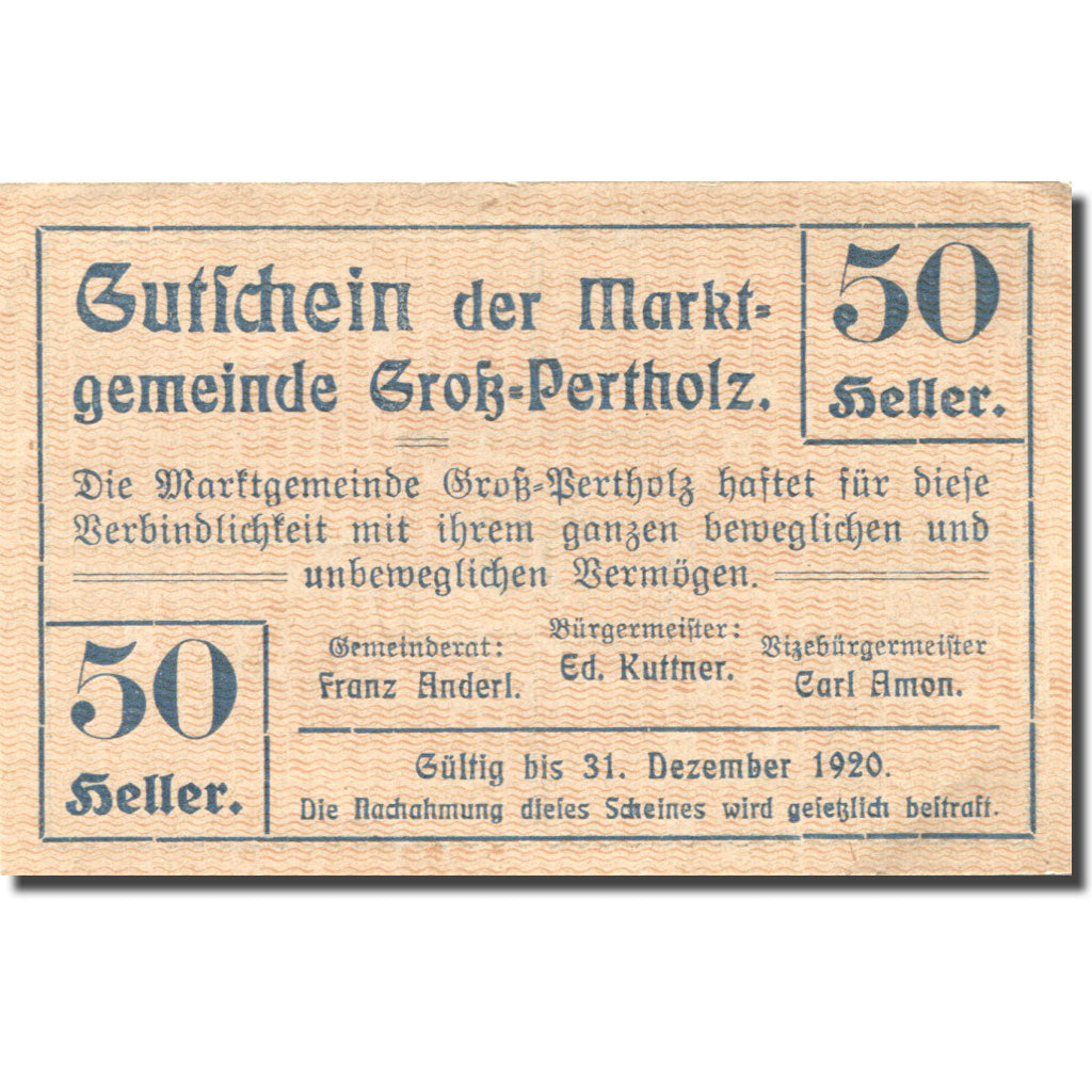 Banknote, Austria, Gross-Pertholz 50 Heller, face value 1920 UNC(63) Mehl:FS 295