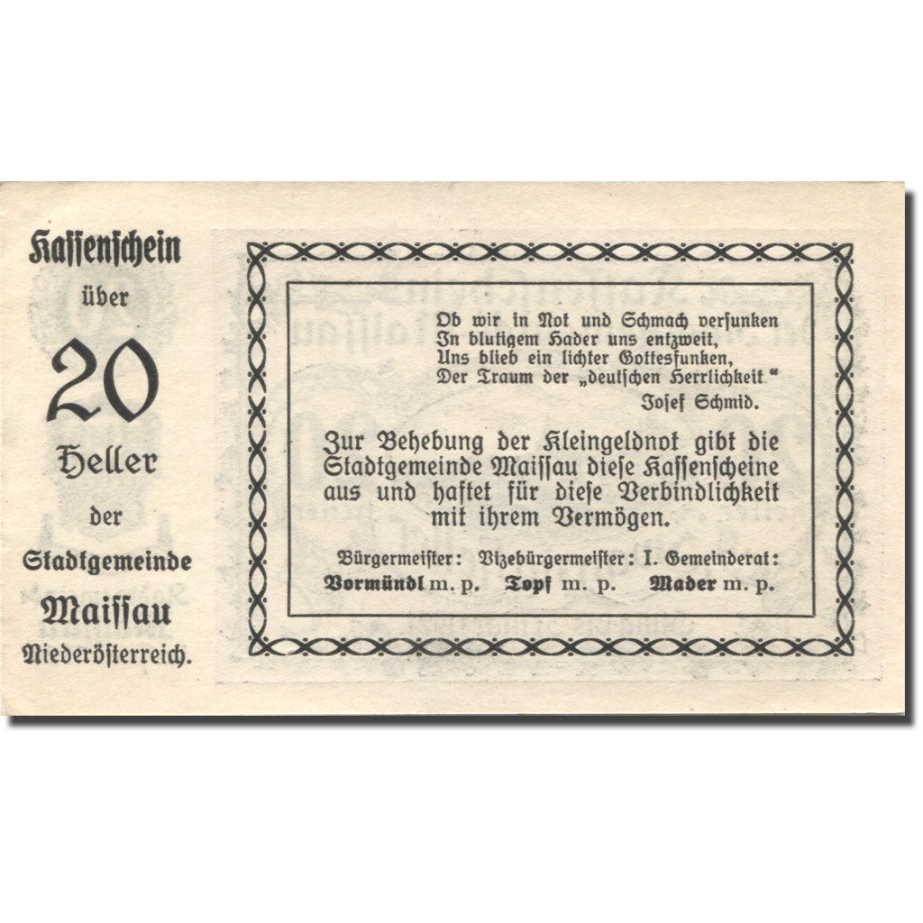 Banknote, Austria, Maissau, 20 Heller, village, 1921 UNC(63) Mehl:FS 573g