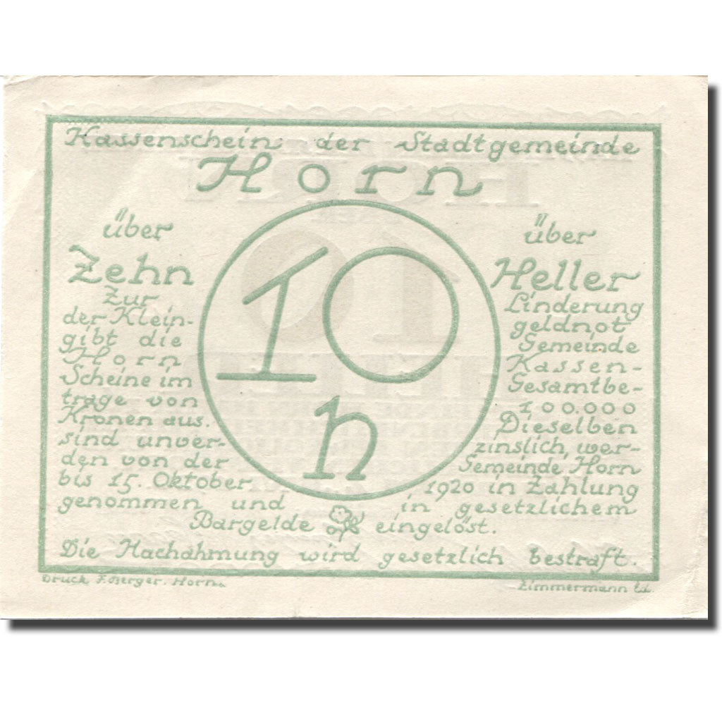 Banknote, Austria, Horn, 10 Heller, Blason 1920 AU(55-58), Mehl:FS 397IId