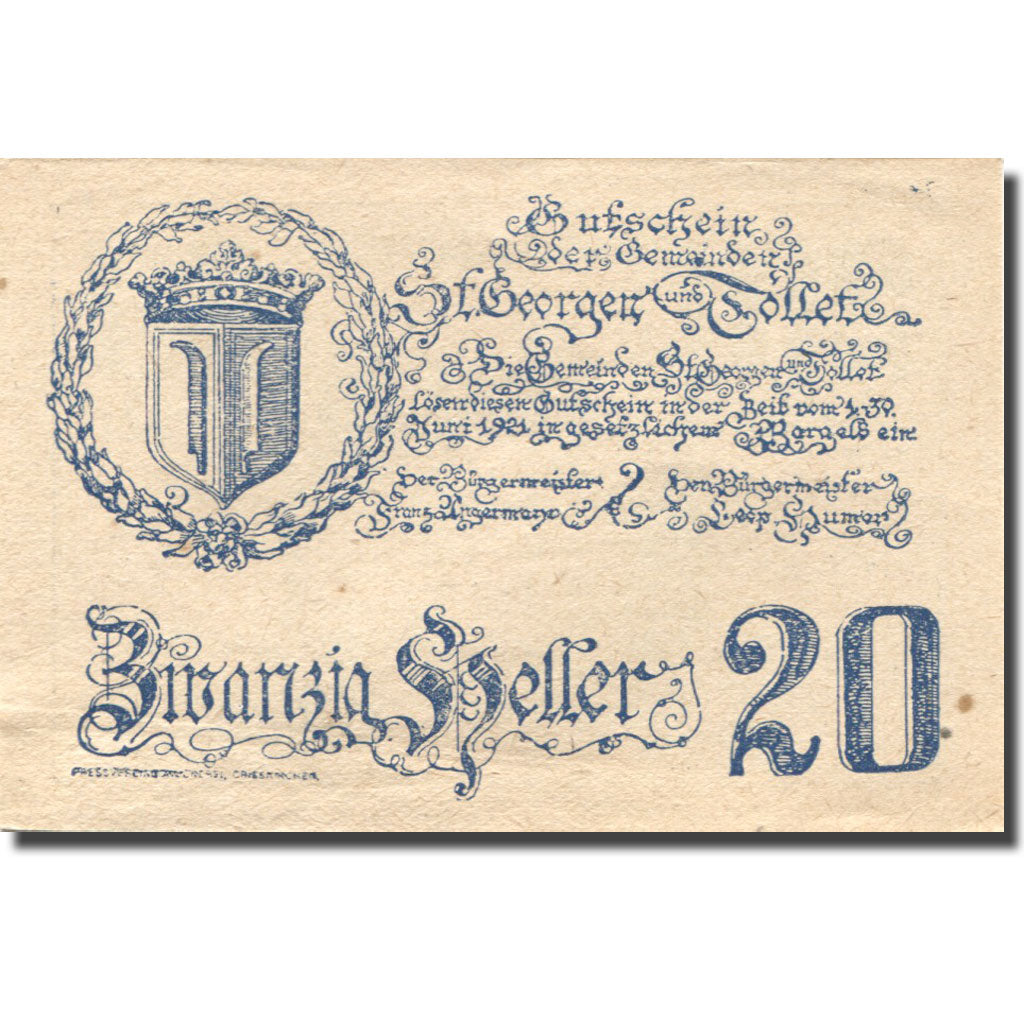 Banknote, Austria, St Georgen, 20 Heller, château, 1921 UNC(63) Mehl:FS 890