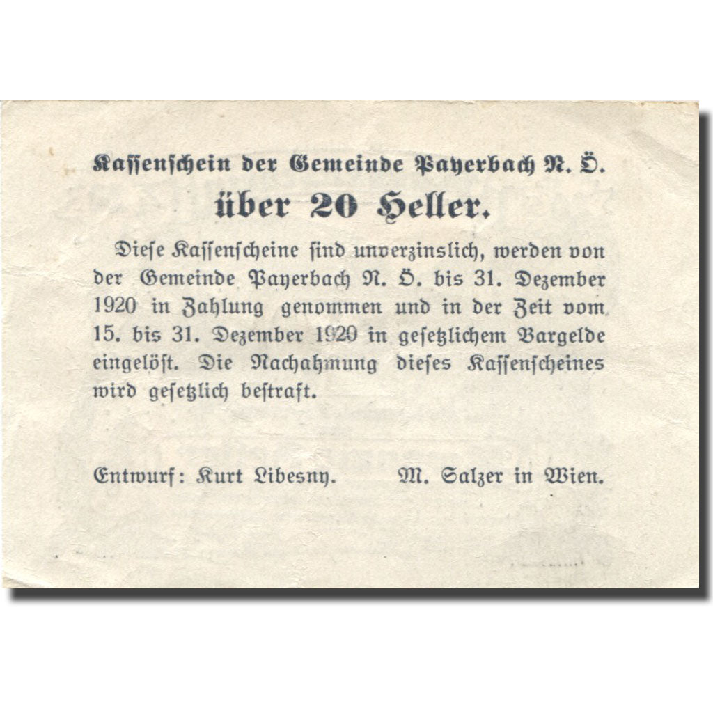 Banknote, Austria, Payerbach, 20 Heller, personnage, 1920 EF(40-45) Mehl:FS 725