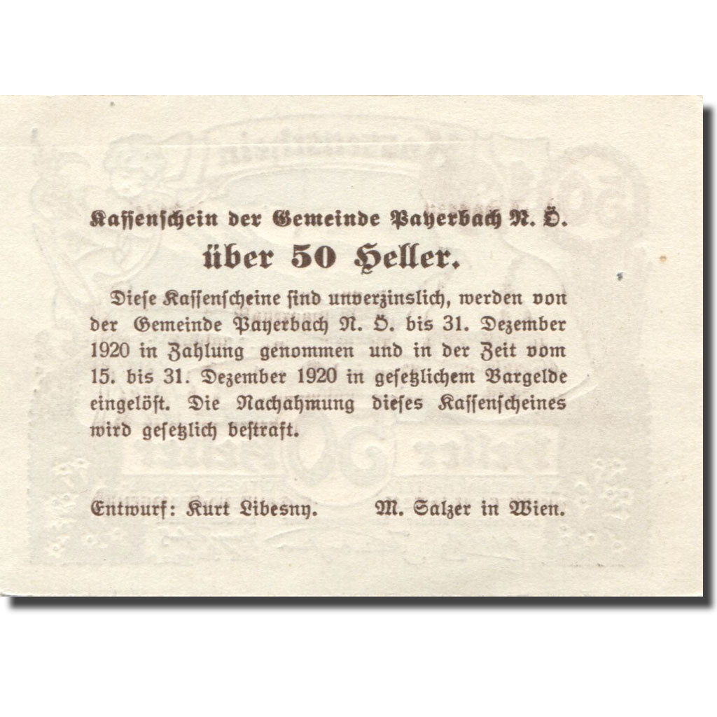 Banknote, Austria, Payerbach, 50 Heller, personnage 1, 1920 UNC(63) Mehl:FS 725