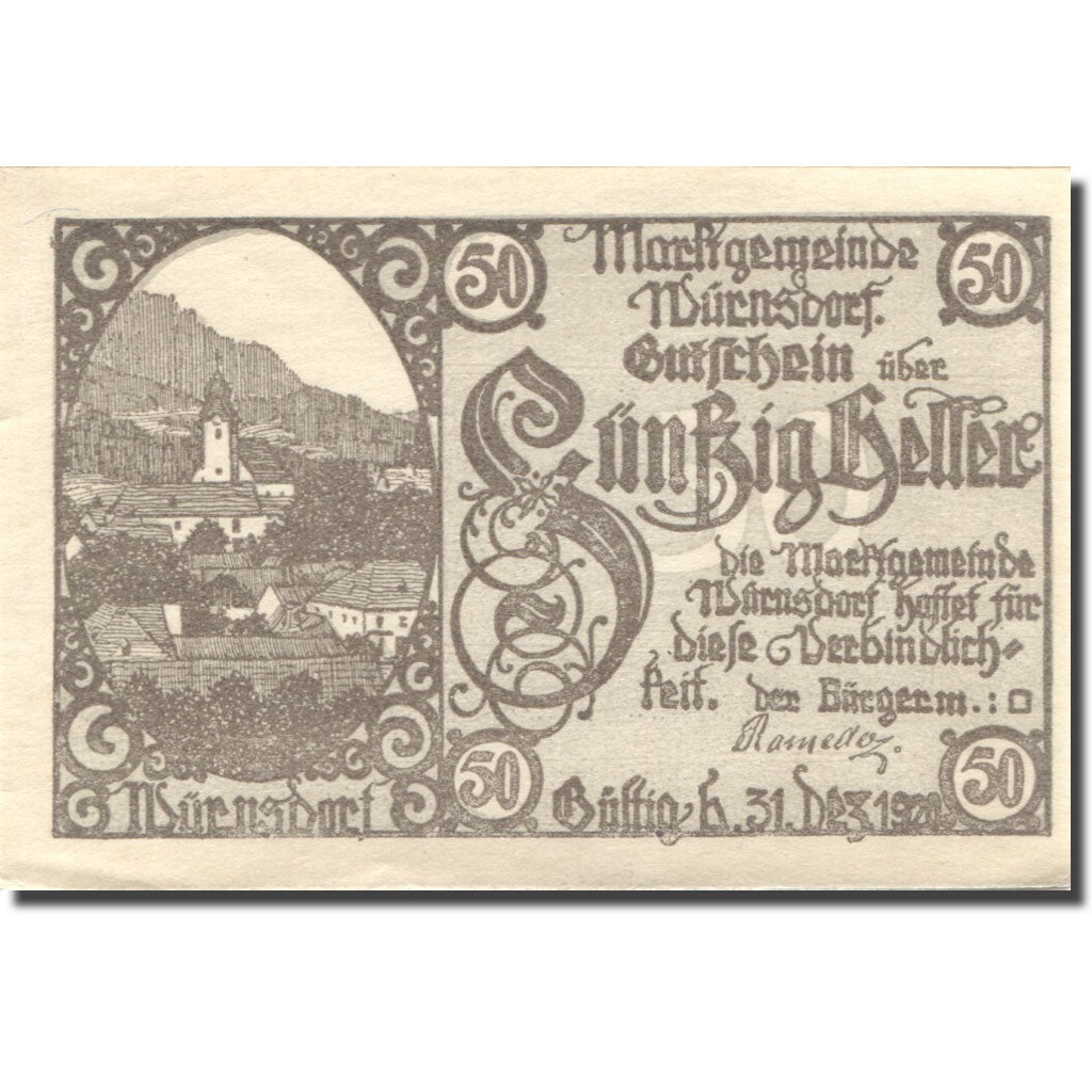 Banknote, Austria, Würnsdorf, 50 Heller, Eglise, 1920 UNC(63) Mehl:FS 1257IIa