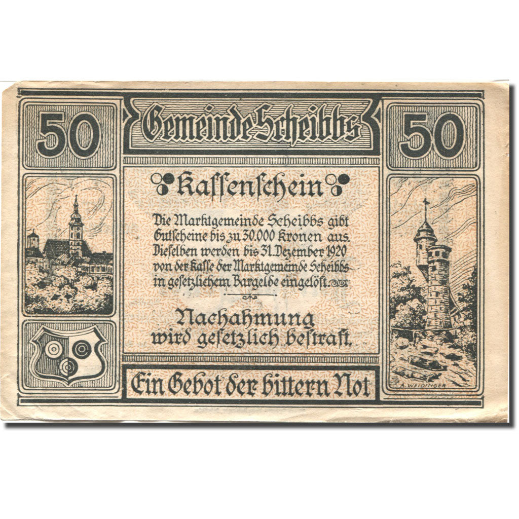 Banknote, Austria, Scheibbs 50 Heller château 1920 EF(40-45) gold Mehl:FS 957IIb