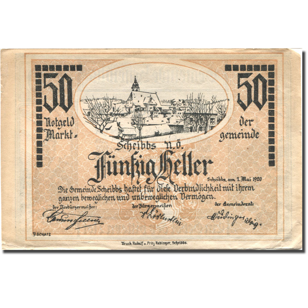 Banknote, Austria, Scheibbs 50 Heller château 1920 EF(40-45) gold Mehl:FS 957IIb