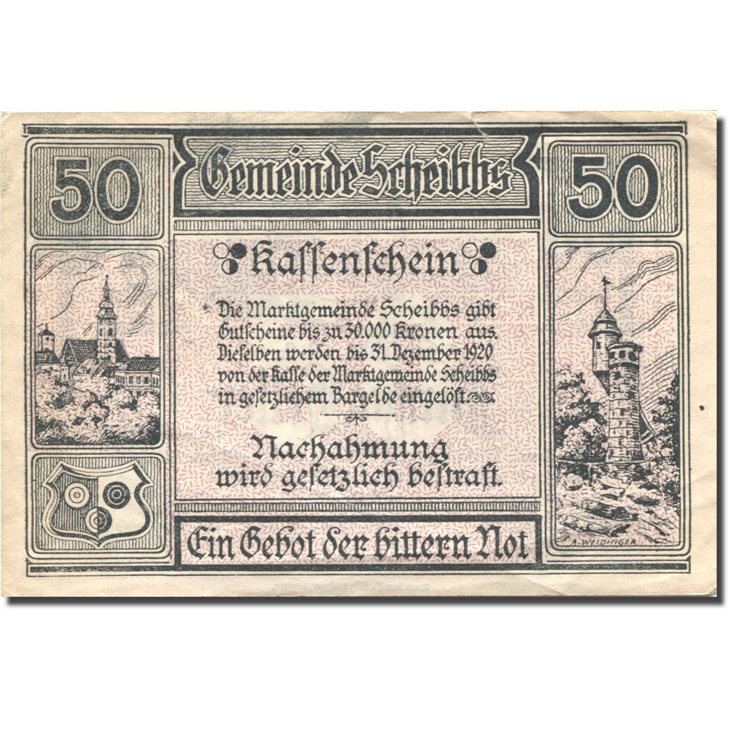 Banknote, Austria, Scheibbs, 50 Heller, 1920 purple AU(50-53) Mehl:FS 957IIb
