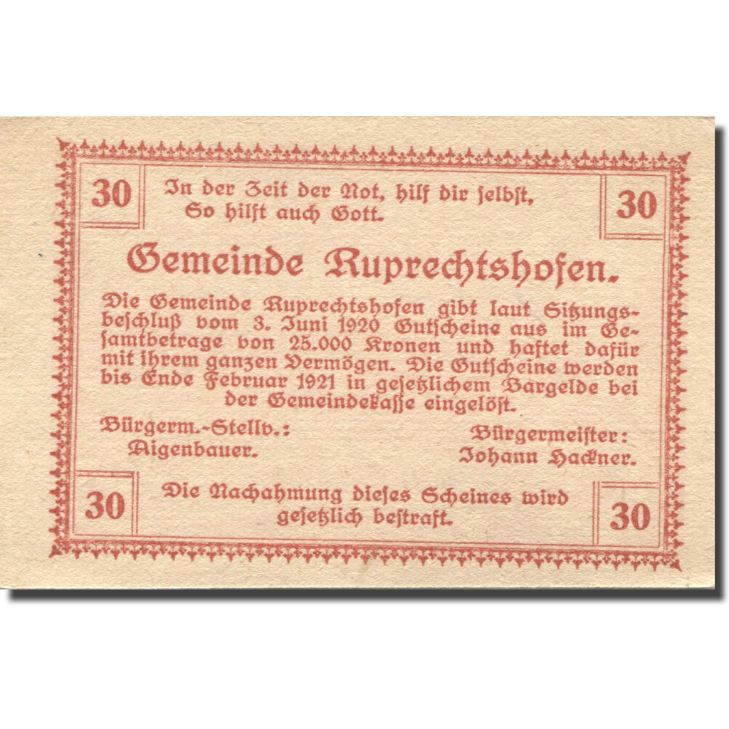 Billet, Autriche, Ruprechtshofen, 30 Heller, pêcheur, 1921, SPL, Mehl:FS 901