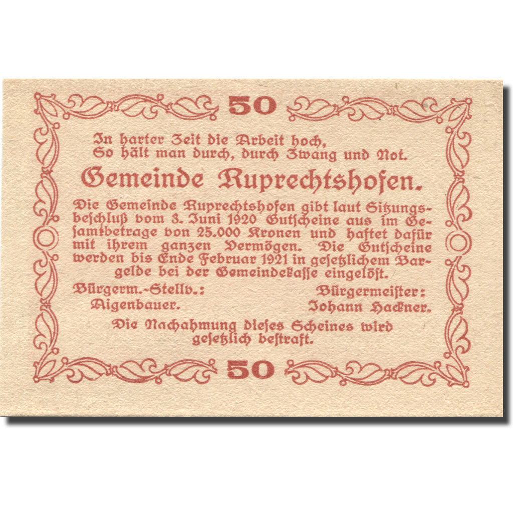 Banknote, Austria, Ruprechtshofen 50 Heller, château, 1921, UNC(63), Mehl:FS 901