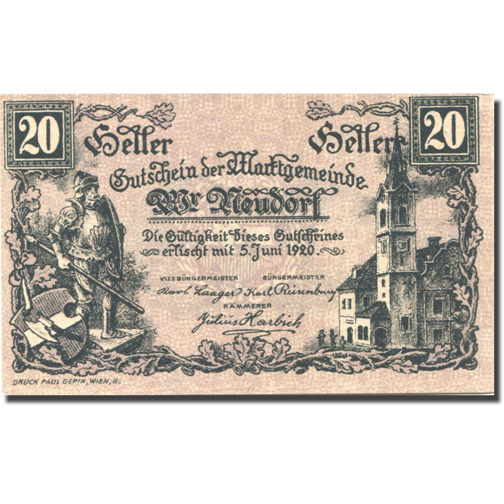 Banknote, Austria, Neudorf, 20 Heller, chevalier 1, 1920 UNC(63) Mehl:FS 1229Ia