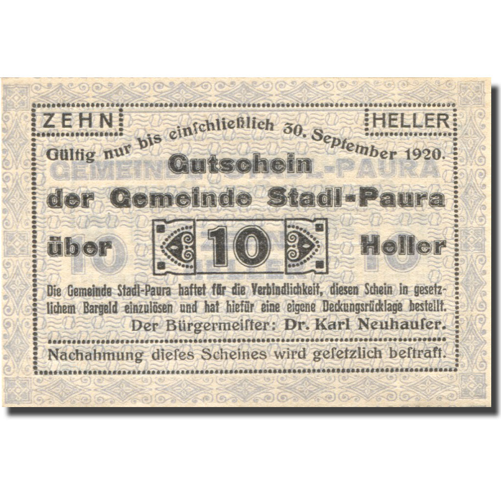 Banknote, Austria, Paura, 10 Heller, valeur faciale, 1920 UNC(63) Mehl:FS 1008Ia