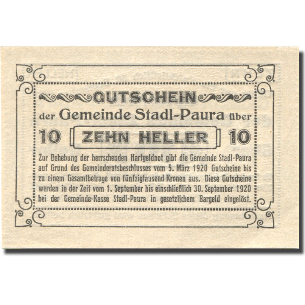 Banknote, Austria, Paura, 10 Heller, valeur faciale, 1920 UNC(63) Mehl:FS 1008Ia