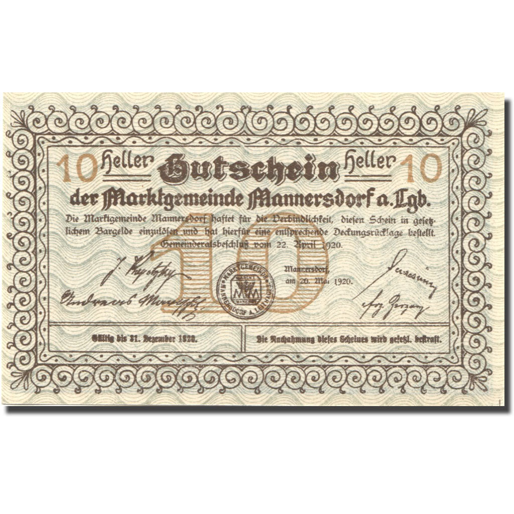 Banknote, Austria, Mannersdorf, 10 Heller, ferme, 1920 UNC(63) Mehl:FS 577a
