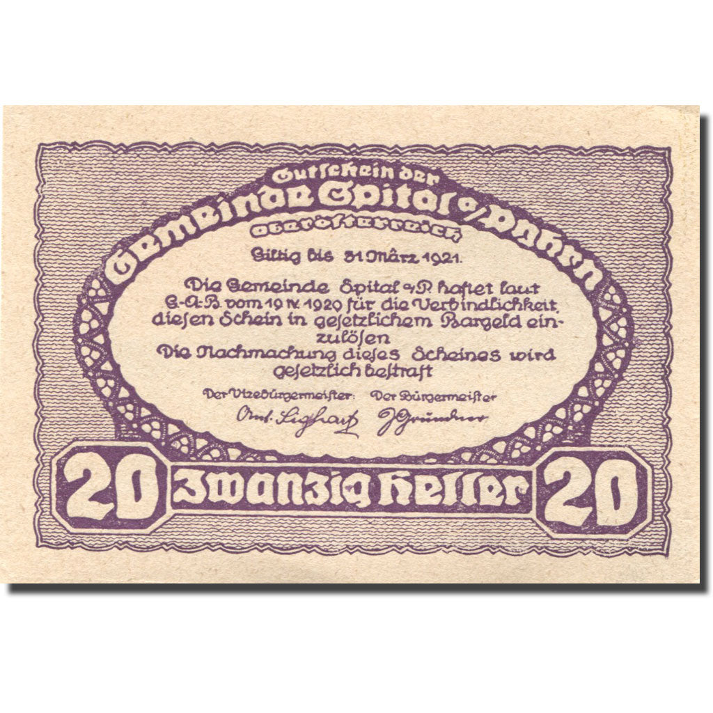 Banknote, Austria, Spital am Pyhrn, 20 Heller, Eglise, 1921 SPL Mehl:FS 1007Ib