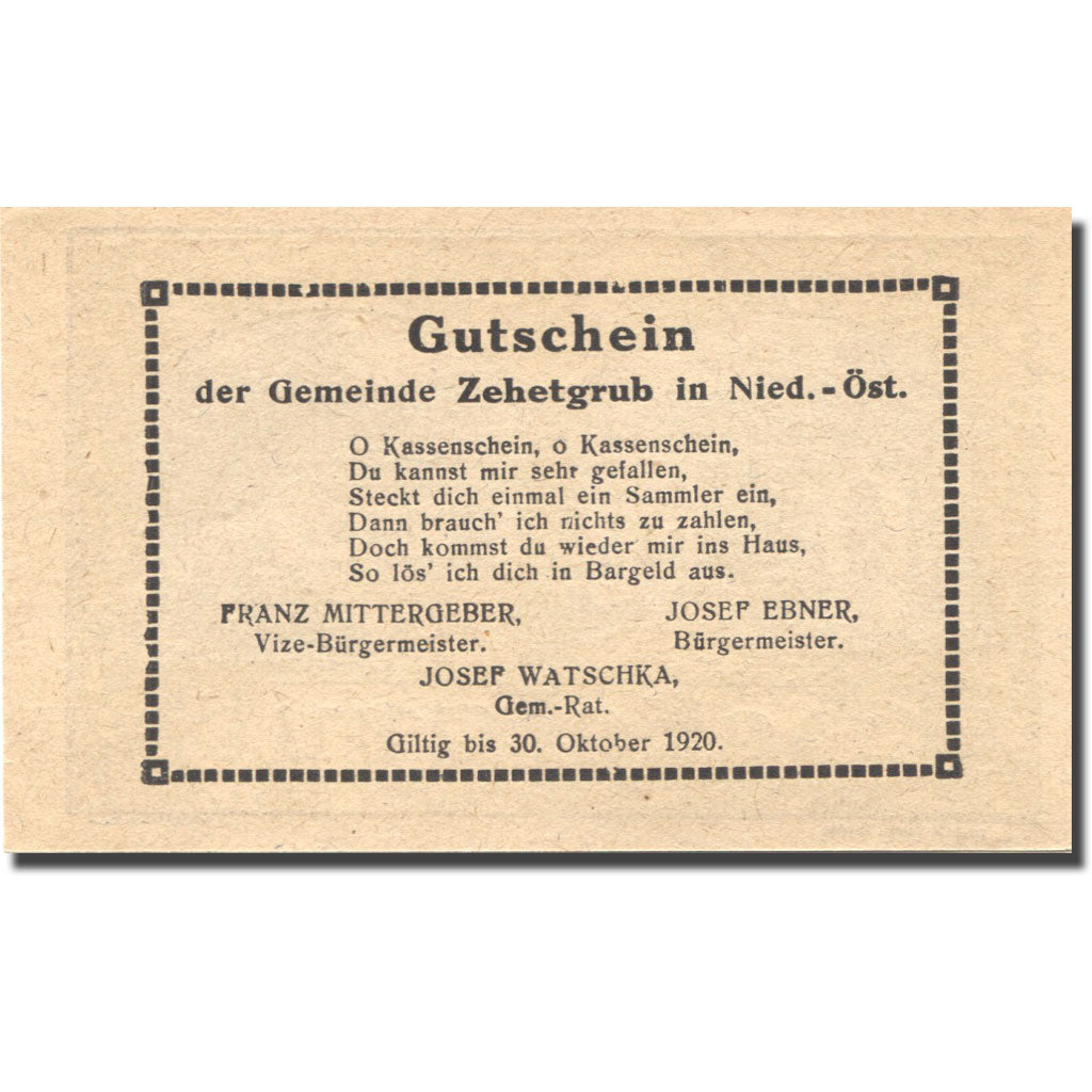 Banknote, Austria, Zehetgrub, 30 Heller, ferme, 1920 UNC(63) Mehl:FS 1262a