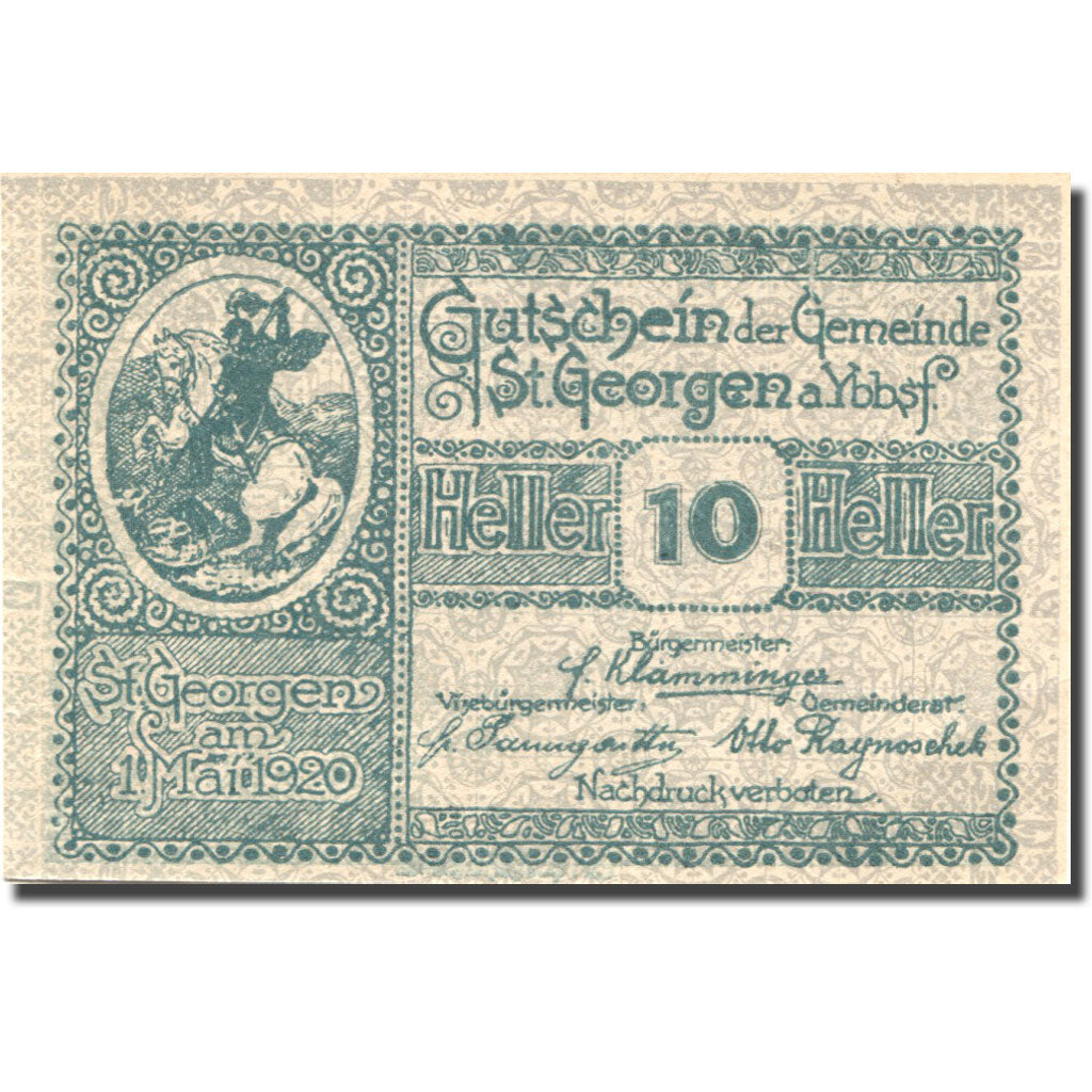 Banknote, Austria, St Georgen, 10 Heller, chevalier, 1920 UNC(63) Mehl:FS 885I