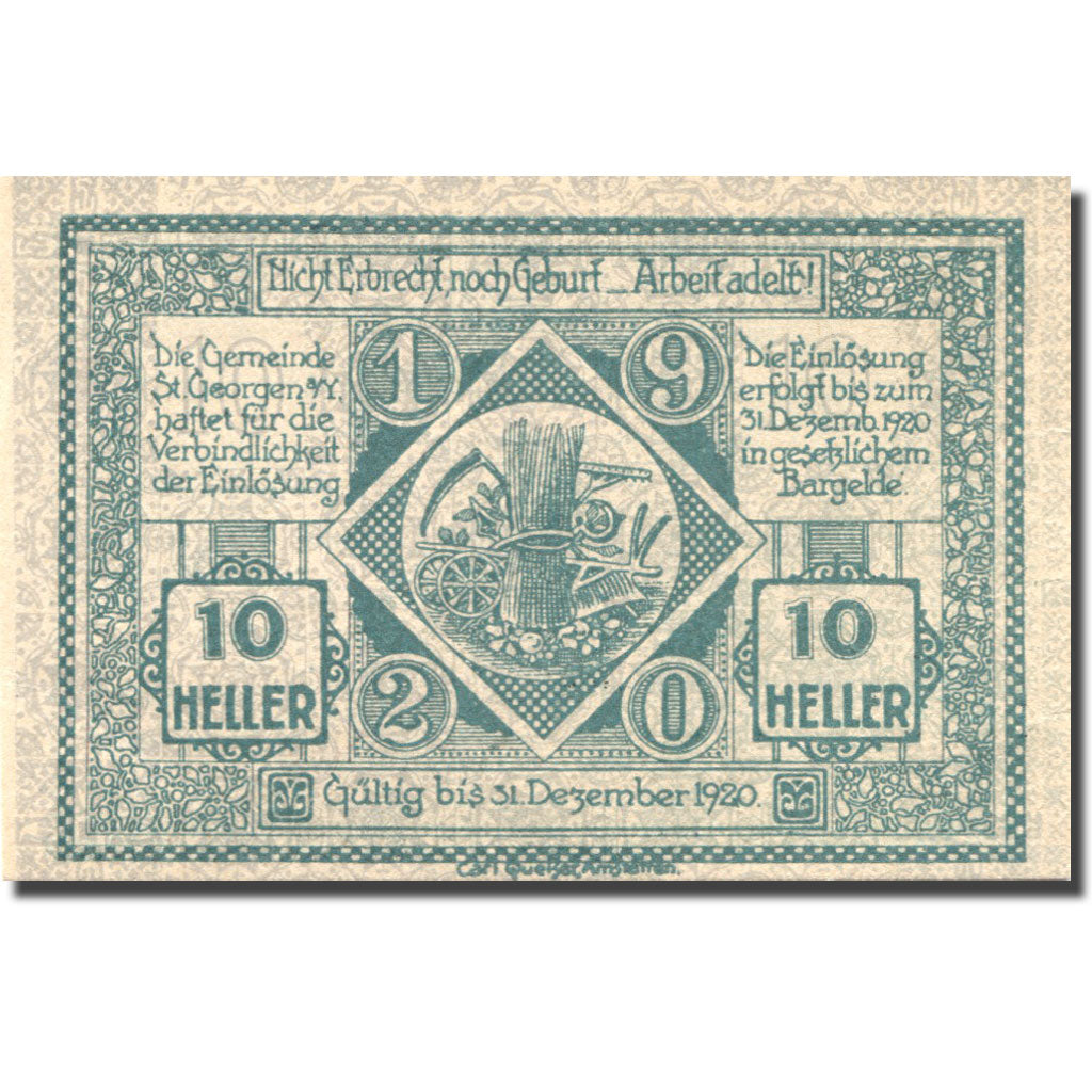 Banknote, Austria, St Georgen, 10 Heller, chevalier, 1920 UNC(63) Mehl:FS 885I