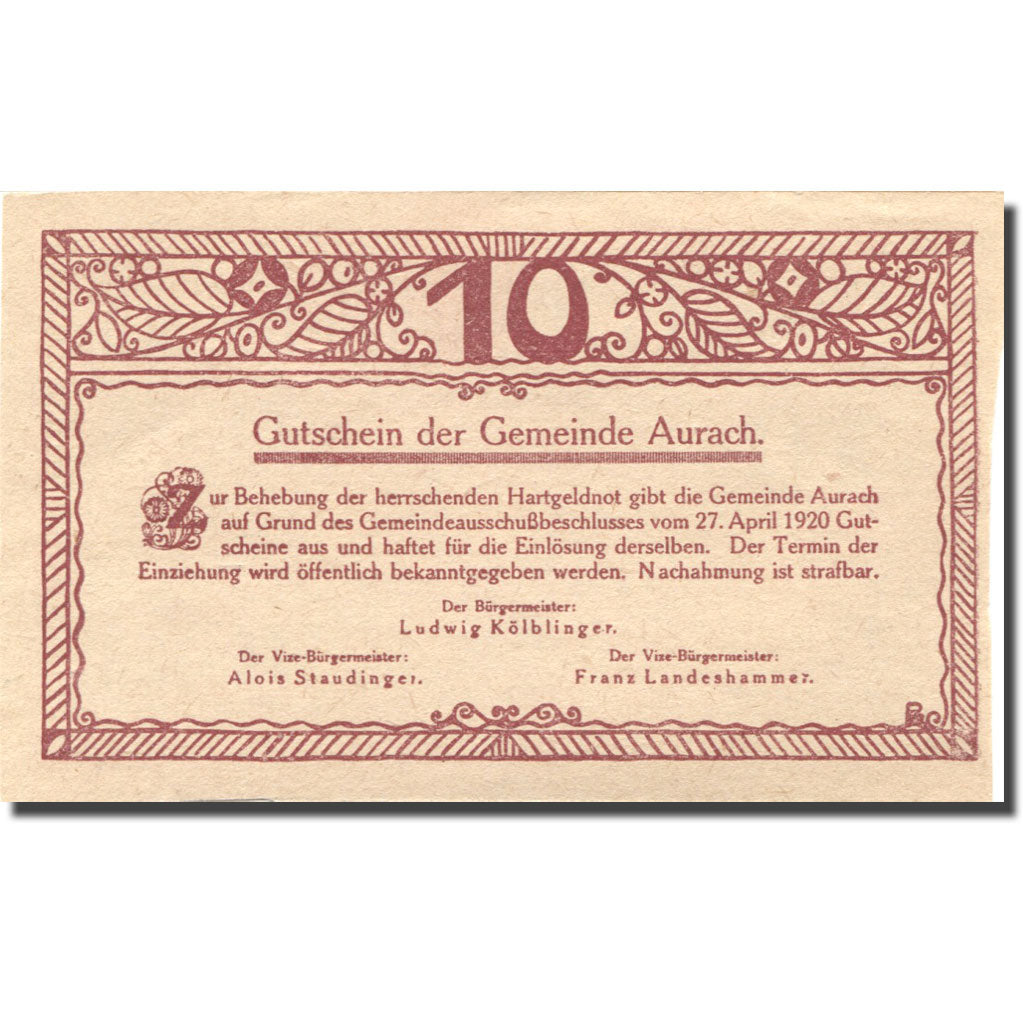Banknote, Austria, Aurach, 10 Heller, Eglise1920-04-27, UNC(63), Mehl:FS 68a