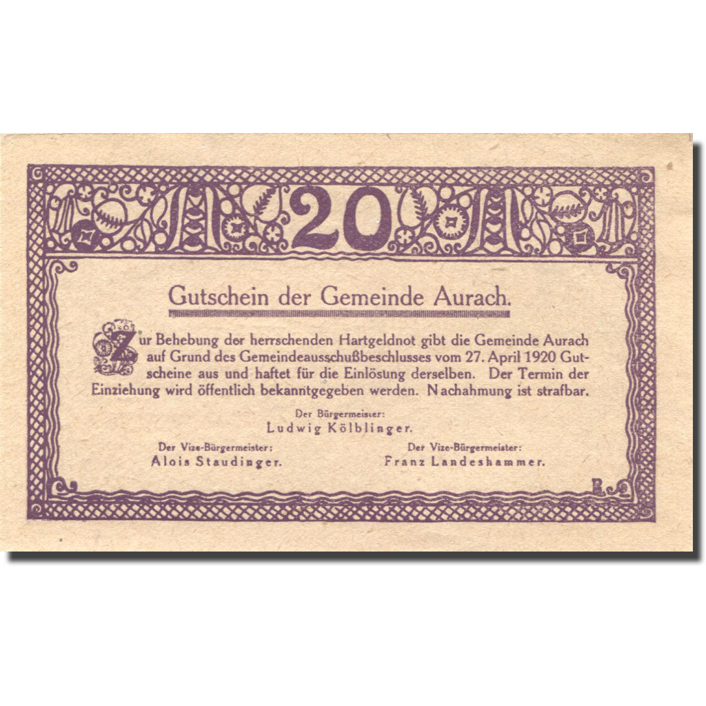 Banknote, Austria, Aurach, 20 Heller, village, 1920 UNC(63) Mehl:FS 68a