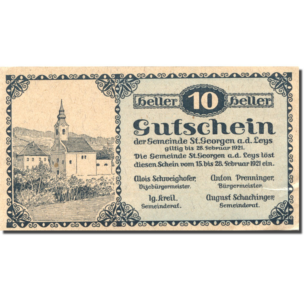 Banknote, Austria, St Georgen, 10 Heller, Eglise, 1921 UNC(60-62) Mehl:FS 887