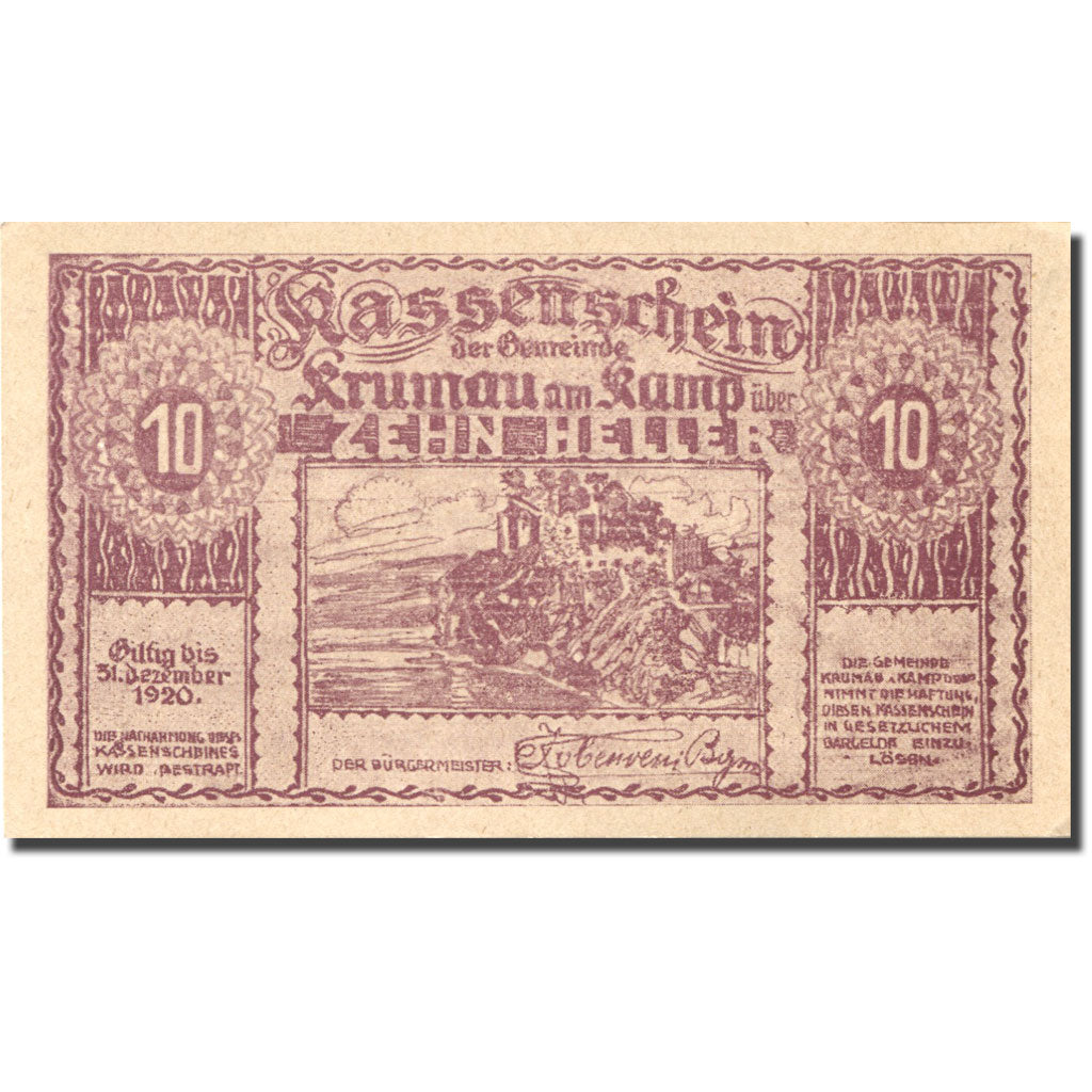 Banknote, Austria, Krumau am Kamp, 10 Heller château, 1920, UNC(63) Mehl:FS 487a