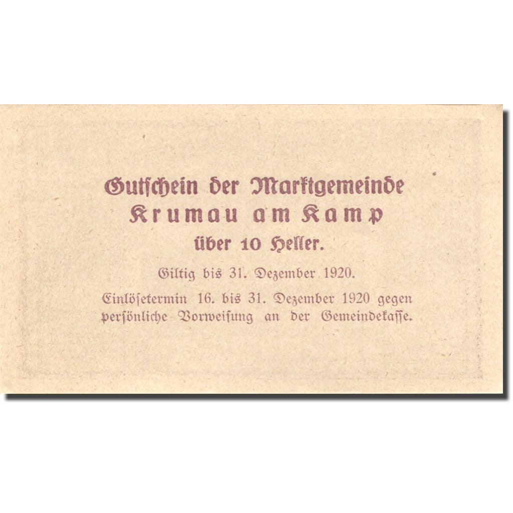 Banknote, Austria, Krumau am Kamp, 10 Heller château, 1920, UNC(63) Mehl:FS 487a