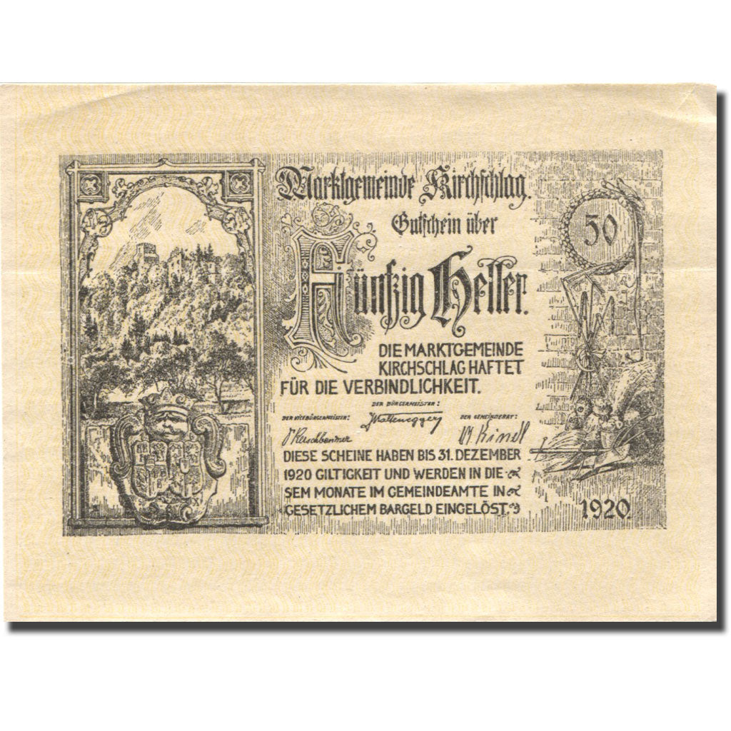 Billet, Autriche, Kirchschlag, 50 Heller, château, 1920 SUP Mehl:FS 448a