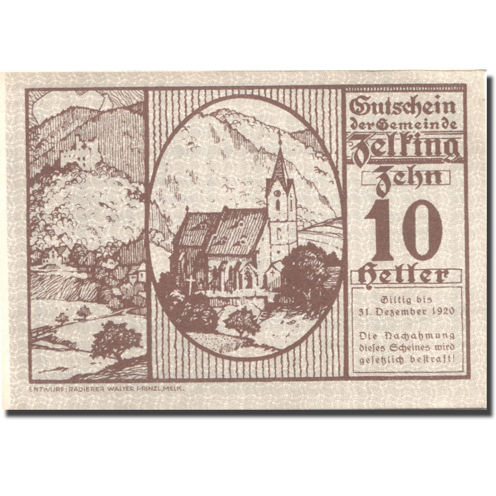 Banknote, Austria, Zelking, 10 Heller, Eglise, 1920 UNC(63) Mehl:FS 1267