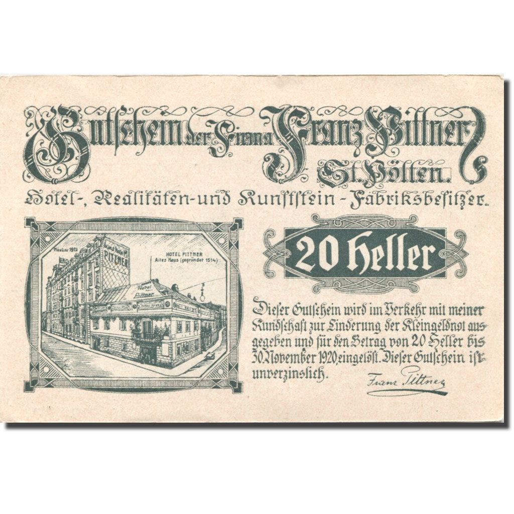 Banknote, Austria, St Pölten, 20 Heller, hôtel, 1920 UNC(63) Mehl:FS 927